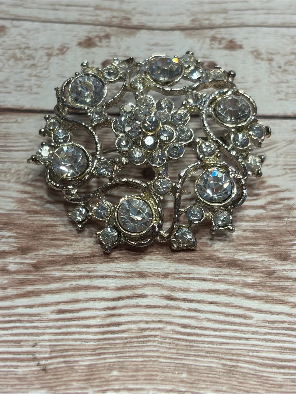 Vintage Clear Crystal Floral Brooch - Silver Tone